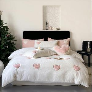 YIZUFU Комплект постельного белья Love розовый кремово-белый вельвет флис плюш искусственный мех White