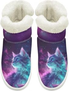 Зимние Ботинки на Легком Надевании для Женщин и Мужчин с Эластичной Липучкой у Щиколотки, Пушистые Снежные Ботинки с Меховой Подкладкой, Удобные, Нескользящая Подошва Cugasmaru, Cat Galaxy