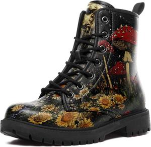 Coolcustomize Женские ботинки с цветочным рисунком и грибами - ботинки в стиле Witchcore Forest Goth с массивным каблуком, из веганской кожи, модные, на шнуровке, черные, ботильоны