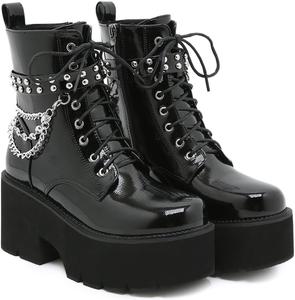 Женские ботильоны из лакированной кожи в стиле милитари - короткие ботинки на массивном каблуке-платформе с рифленой подошвой, круглым носком, шнуровкой и молнией - готик, панк, стиль Y2K EGGDK, Black C