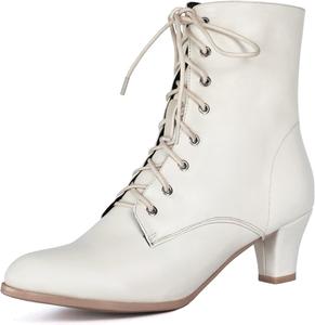 Женские винтажные викторианские ботинки Cozivwaiy 70-х годов, ботильоны на шнуровке, средний каблук, ведьмины/бабушкины ботинки, костюмная обувь, конусовидный каблук, молния, заостренный носок, Beige