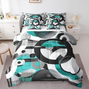 Erosebridal Комплект постельного белья Abstract Geometric Circles в цвете бирюзовый черный белый с современным минималистичным дизайном, Teal Black White