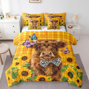 Erosebridal Комплект постельного белья Rustic Highland Cow с принтом коров и подсолнухов в стиле кантри, Yellow,brown