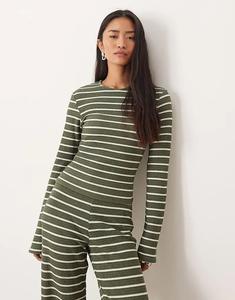 Лонгслив ASOS DESIGN с длинными рукавами, в рубчик, укороченная, в полоску цвета хаки