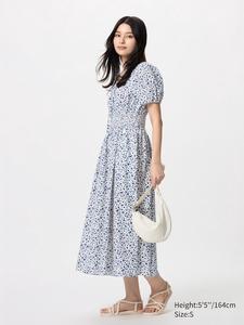 Платье с объемным рукавом (короткий рукав, принт) Uniqlo, белый