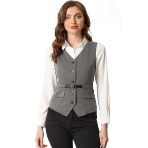 Жилет с застежкой спереди на пуговицы для женщин с V-образным вырезом и карманами с поясом ALLEGRA K, серый