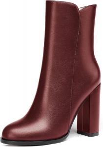 Женские короткие ботильоны WAYDERNS с матовой кожей, круглым носком, молнией, на высоком каблуке-блоке, 4 дюйма, Burgundy