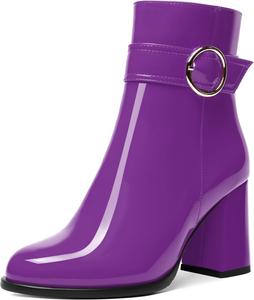 Женские ботильоны NUMALEO из лакированной кожи с повседневной молнией, для свиданий, с ремешком на щиколотке, круглым носком, пряжкой, массивным каблуком 3,3 дюйма, Purple