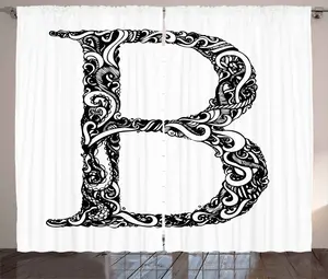 Штора ABAKUHAUS "Буква b" в деревенском стиле, абстрактный вихревой узор, универсальная ленточная штора для гостиной с петлями и крючками, 280 x 175 см, цвет "белый-черный" Abakuhaus
