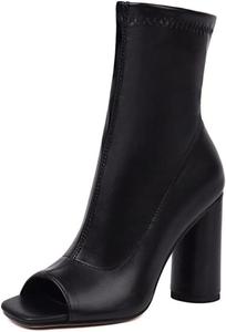 CoceMoce стильные массивные ботильоны на высоком каблуке для женщин с открытым носком, боковой молнией, короткие ботинки до щиколотки для танцев, вечеринок, клубов и бальных платьев, Black-Matte Leather