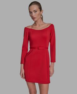 Женское платье из ткани дайвинг с открытыми плечами и поясом BCBG, Red Hot