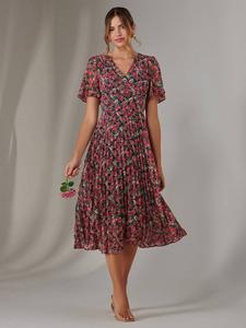 Цветочное платье миди с короткими рукавами, v-образным вырезом и плиссировкой Jolie Moi