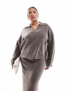 Джемпер-поло Pieces Curve с открытым воротом, насыщенного серо-коричневого цвета Pieces Plus