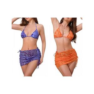 2 комплекта женского бикини с цветными вставками в виде водной ряби, 3 предмета: топ-халтер, треугольные трусики и сетчатая накидка Inspire Chic, Orange Dark Purple