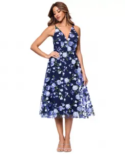 Женское платье без рукавов с цветочной вышивкой, облегающее и расклешенное XSCAPE, синий