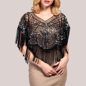 Расшитая пайетками бахромчатая пончо-накидка TRUEDAMES, черный/серебряный