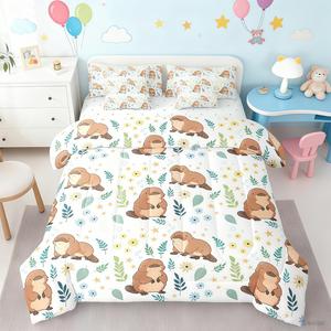 Erosebridal Комплект постельного белья Cute Cartoon Platypus с 3D принтом животных и цветочными узорами, мягкий и роскошный для любого сезона, White Brown Green