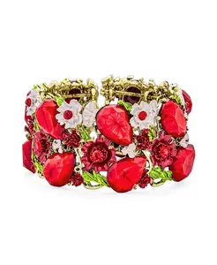Широкий браслет-манжета с цветком из красного кристалла, покрытый окисленным золотом, гибкий дизайн Bling Jewelry, red