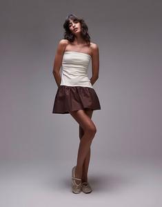 Мини-платье-бандо Topshop из смеси поплина в цвете экрю и коричневого цвета