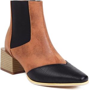 Женские классические ботильоны VOKLIN с квадратным носком в западном стиле, боковой молнией, массивным средним каблуком и короткой элегантной посадкой, Brown/Black-Velvet Lined