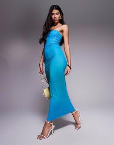 Эксклюзивное двухслойное облегающее сетчатое платье-бандо макси от Kaiia в сине-зеленом цвете с эффектом омбре