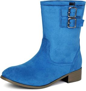 Женские сапоги SHEMEE из искусственной замши до середины голени с толстыми низкими каблуками, модные с пряжками, ботильоны с устойчивым каблуком, матовая кожа, осенне-зимняя обувь, на подъем, Blue