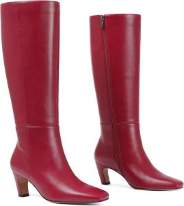 Женские сапоги до колена на низком каблуке с квадратным носком, высокие длинные сапоги из искусственной кожи, модные повседневные эластичные сапоги с боковой молнией Tarkwa, Red
