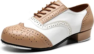 Мужские тап-туфли из кожи с низким каблуком, броги, на шнуровке, удобные для танцев Hiuzylqx, белый