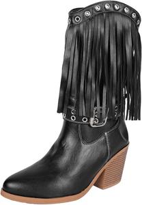 Женские ковбойские сапоги из искусственной кожи, средняя голень, заостренный носок, грубый каблук с бахромой, повседневные тапочки Kldyj, Black