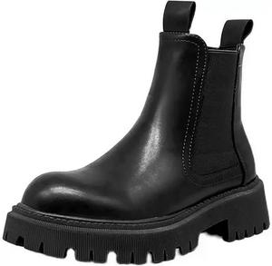 Женские ботильоны с круглым носком, широкие ботинки до икры, водонепроницаемые кожаные ботинки на платформе, осенне-зимние удобные ботинки Generic, Black