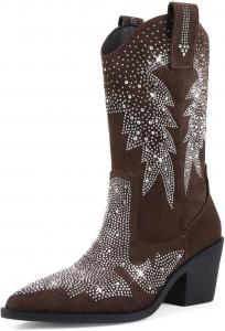 Женские блестящие ковбойские сапоги с кристаллами, замшевые вестерн-сапоги с острым носком, массивным каблуком и блестящими ботильонами Bapolee, Brown