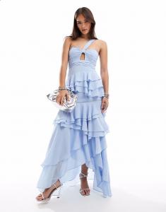 Платье макси на одно плечо с оборками TFNC пудрово-голубого цвета