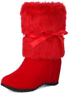 Generic Красные рождественские женские ботинки на танкетке с зимним мехом, пушистые ботинки для праздников, с бантом, мехом и высокими каблуками, обувь Сантa для женщин