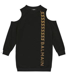 Хлопковое платье-худи с логотипом Balmain Kids, 930or-Nero/Oro
