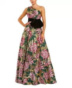 Бальное платье на одно плечо, расшитое пайетками и украшенное бархатным бантом. Mac Duggal, золотой