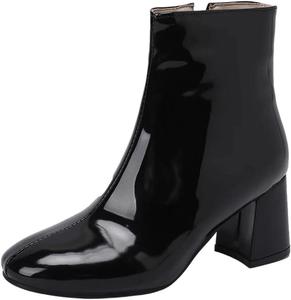 Женские лаковые ботильоны на каблуке, водонепроницаемые, с элегантной боковой молнией, для вечеринок, короткие туфли под платье Generic, Black