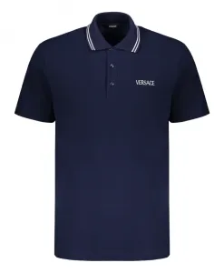 Вышитая хлопковая рубашка-поло с логотипом. Versace, синий