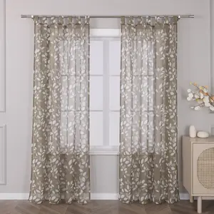 Штора с петлями, вуалевая, с узором Листья, для спальни/гостиной, прозрачно-коричневая, 145 x 140 см (В x Ш), 1 шт. Joyswahl