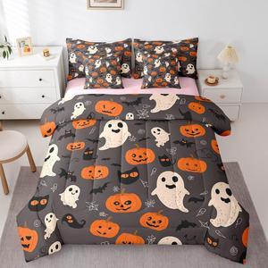 Erosebridal Комплект постельного белья Halloween Decor с принтом тыкв, паутины и летучих мышей для детей, Gray Black
