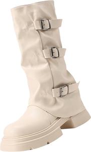 Модные женские ботинки с толстой подошвой и массивным каблуком, дышащие, с круглым носком, женские ковбойские ботинки на каблуке Generic, White