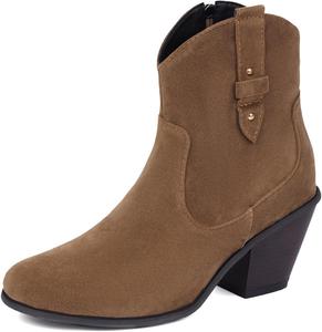 Женские классические ковбойские ботинки MRKEWUNEY с массивным каблуком, вестерн-бутильеры с боковой молнией, заостренным носком и стилем Челси, 383 Brown