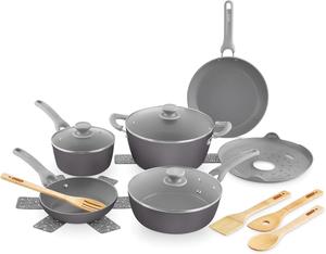 Набор керамической посуды с антипригарным покрытием Dash Dream Green, 15 предметов, серый