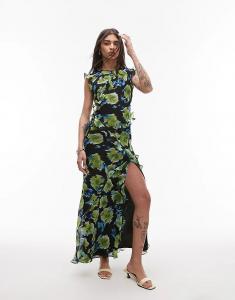 Платье макси Topshop с высоким воротом, открытой спиной и оборкой в размытых синих цветах