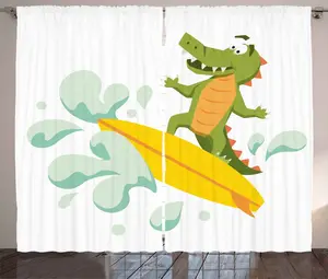 Штора ABAKUHAUS Ride the Wave в деревенском стиле, с милым крокодилом, универсальная ленточная штора для гостиной с петлями и крючками, 280 x 225 см, оливково-зеленый желтый Abakuhaus