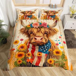 Erosebridal Комплект постельного белья Highland Cow с цветочным принтом в деревенском стиле, Yellow