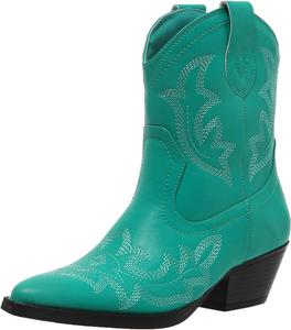 Женские ковбойские сапоги HINDOLA, средняя длина голенища, вышитые, короткие вестерн-сапожки с низким массивным каблуком, заостренным носком и ботильонами, Green Ankle Cowboy Boots