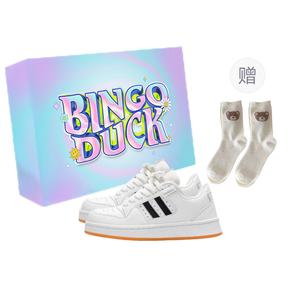 BINGO DUCK Дышащие женские скейтерские кеды низкие бело-черные с подарочными носками и эксклюзивной коробкой, цвет White Black+Gift Socks+Exclusive Shoe Box