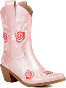 Женские ковбойские сапоги в западном стиле, средней высоты, винтажные, с квадратным носком, массивным каблуком и вышивкой, удобная обувь Abborora, Pink
