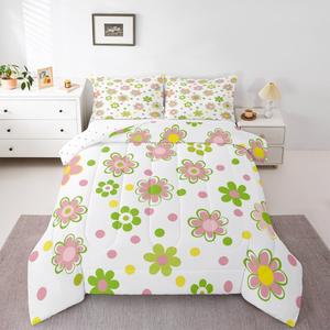 Erosebridal Комплект постельного белья Cute Pink Floral для девочек с цветочным принтом и разноцветными горошинами, Pink Green