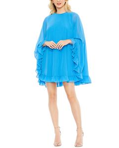 Мак Даггал мини-платье с высоким воротником и рюшами по подолу с пелериной Mac Duggal, Turquoise